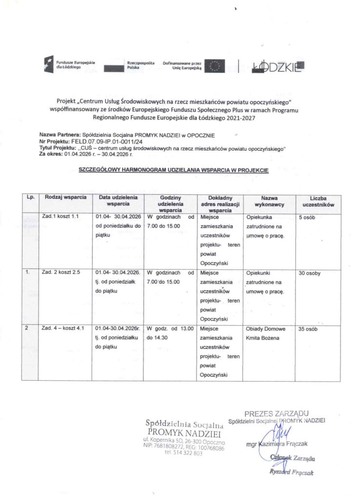 SZCZEGÓŁOWY HARMONOGRAM UDZIELANIA WSPARCIA W PROJEKCIE ,,CUŚ – centrum usług środowiskowych na rzecz mieszkańców powiatu opoczyńskiego’’ IV-VI 7 HARMONOGRAM ZA IV VI.2026 obrazy 0