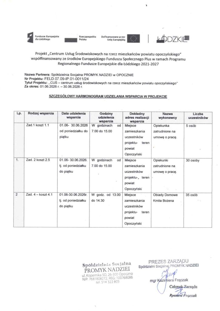 SZCZEGÓŁOWY HARMONOGRAM UDZIELANIA WSPARCIA W PROJEKCIE ,,CUŚ – centrum usług środowiskowych na rzecz mieszkańców powiatu opoczyńskiego’’ IV-VI 9 HARMONOGRAM ZA IV VI.2026 obrazy 2